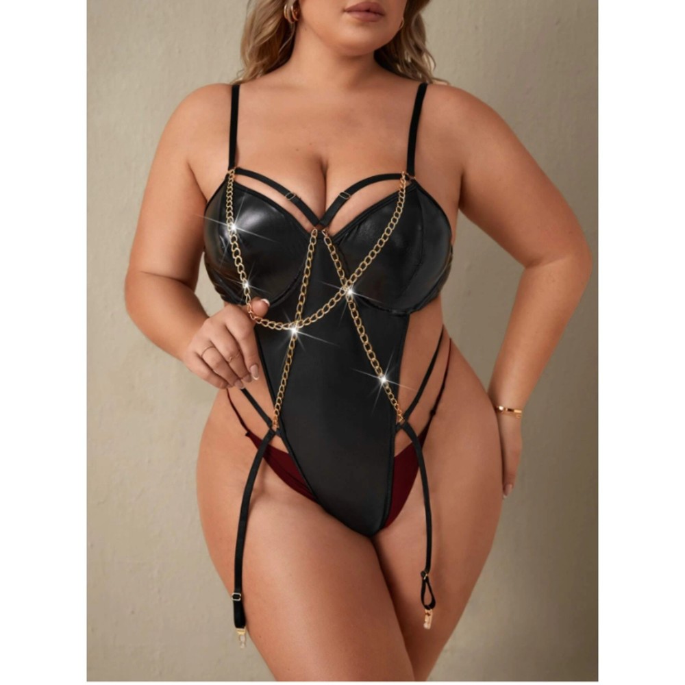 14 (1X) Black PU Leather Chain Linked Teddy Bodysuit